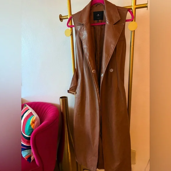 7 For All Mankind Sleeveless Faux-Leather Trench Vest/Jacket in Brown/Tan Color - Picture 7 of 13